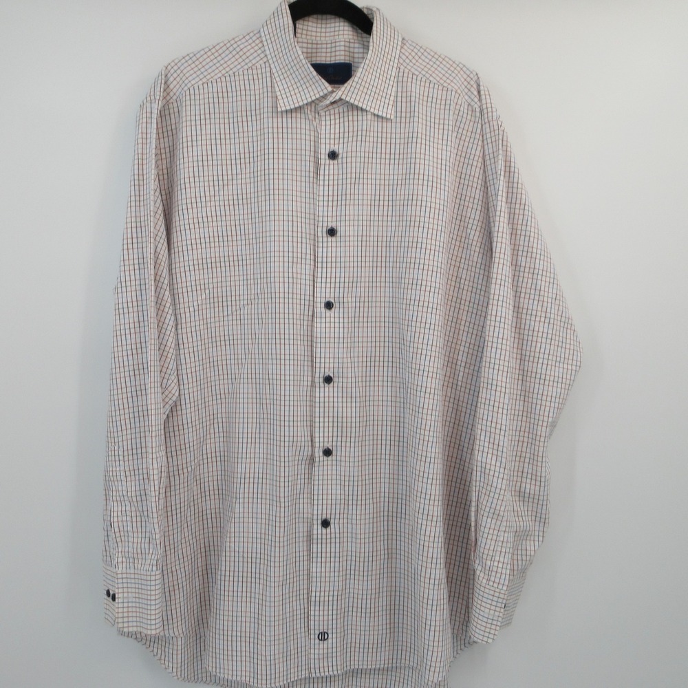 David Donahue Mens Trim Fit Tattersall Check Cotton Dress Shirt White Blue Red